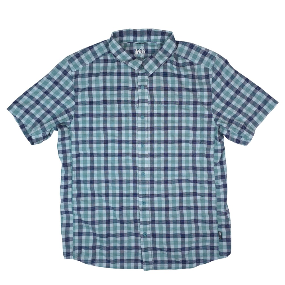 REI Co-op Plaid Button Down Shirt Mens M Blue Teal Short Sleeve‎ Hiking Stretch